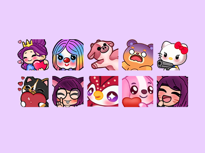 Emotes Twitch expressives design personnalisées par graphiste freelance Luciole